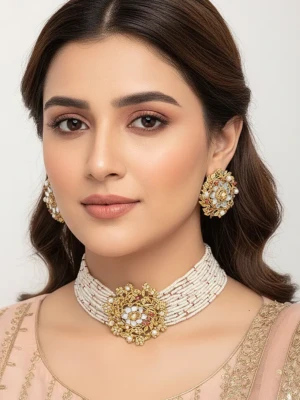 ST-107-Gol-(Pink Mala+Green Mala) Choker Set (2)