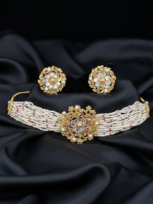 ST-107-Gol-(Pink Mala+Green Mala) Choker Set (3)