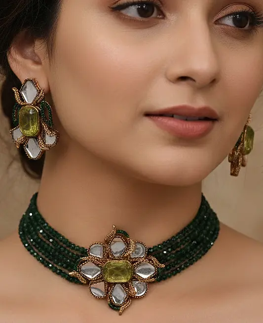ST-114-GN+GN ( Green Mala ) Doublet With Kundan Stone Choker (3)